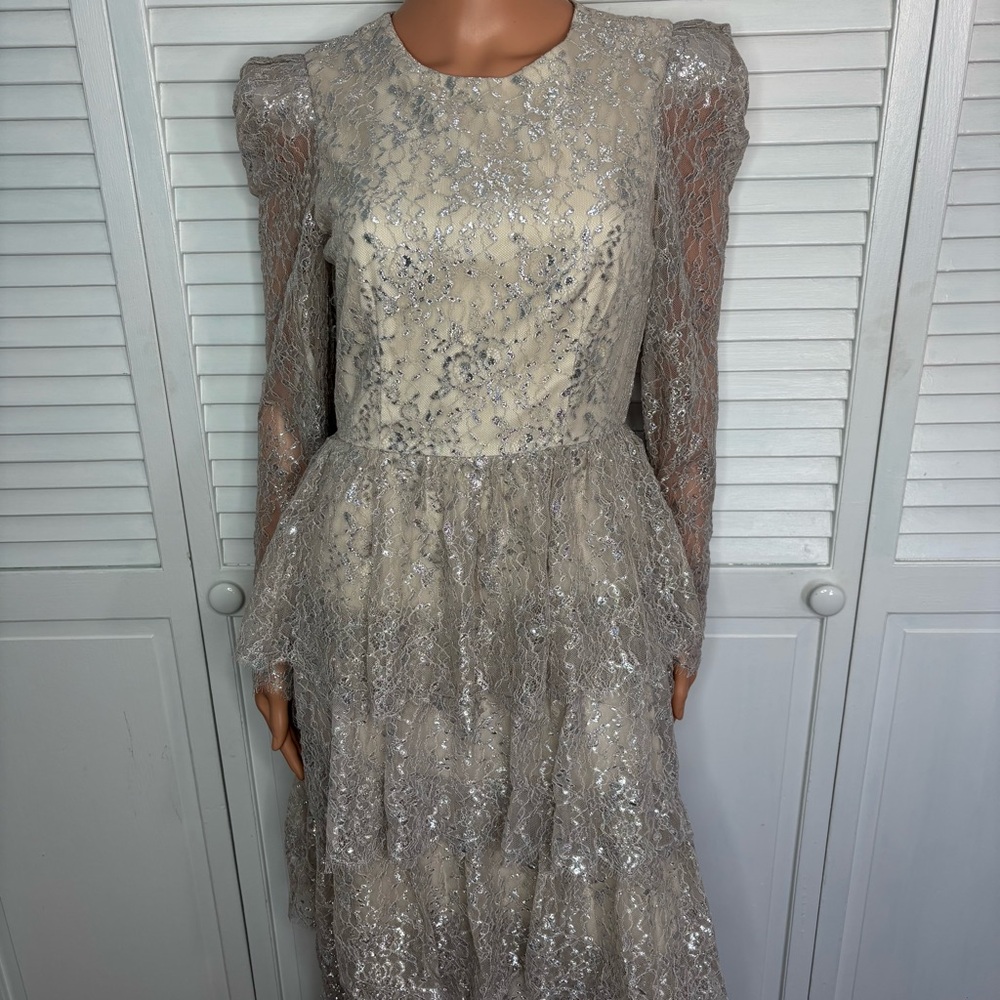 ANTONIO MELANI Metallic Lace Ruffled Maxi Gown Size 4 - Picture 3 of 6